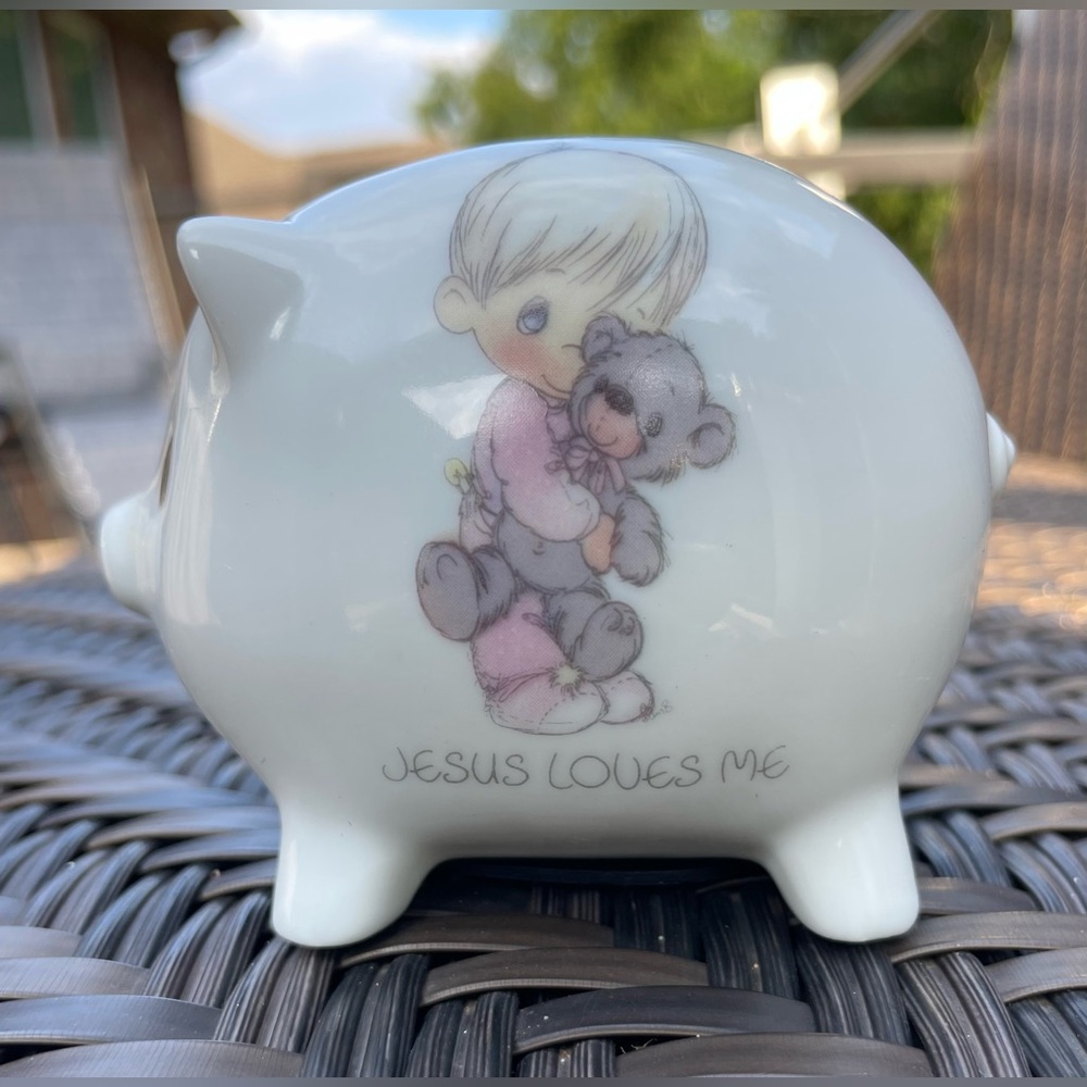 Precious Moments Piggy Bank Jesus Loves Me 1986 Enesco Child with Teddy Bear
